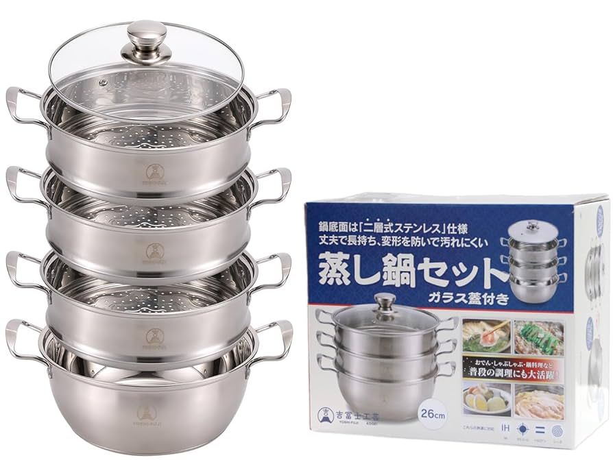 業務用ステンレススチール 3段蒸し器 dショッピング |3段蒸し器 30cm IH対応 だんらん ガラス蓋付き 3